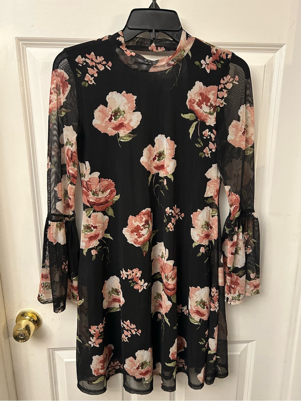 Try! This -- black sheer mesh mini dress with pink & cream floral print - M